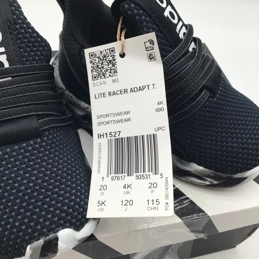 Adidas Lite Racer Adapt 7.0 I Kids Sneakers Black‎ White IH1527 Size 5K NEW